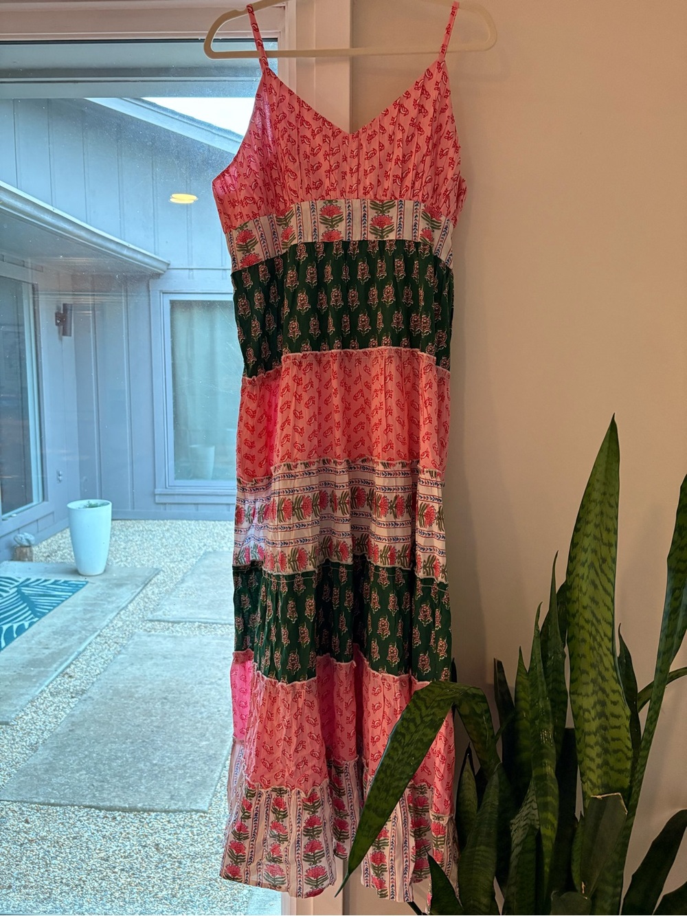 THML size large Pink & Green Tiered Sundress Euc 100% cotton